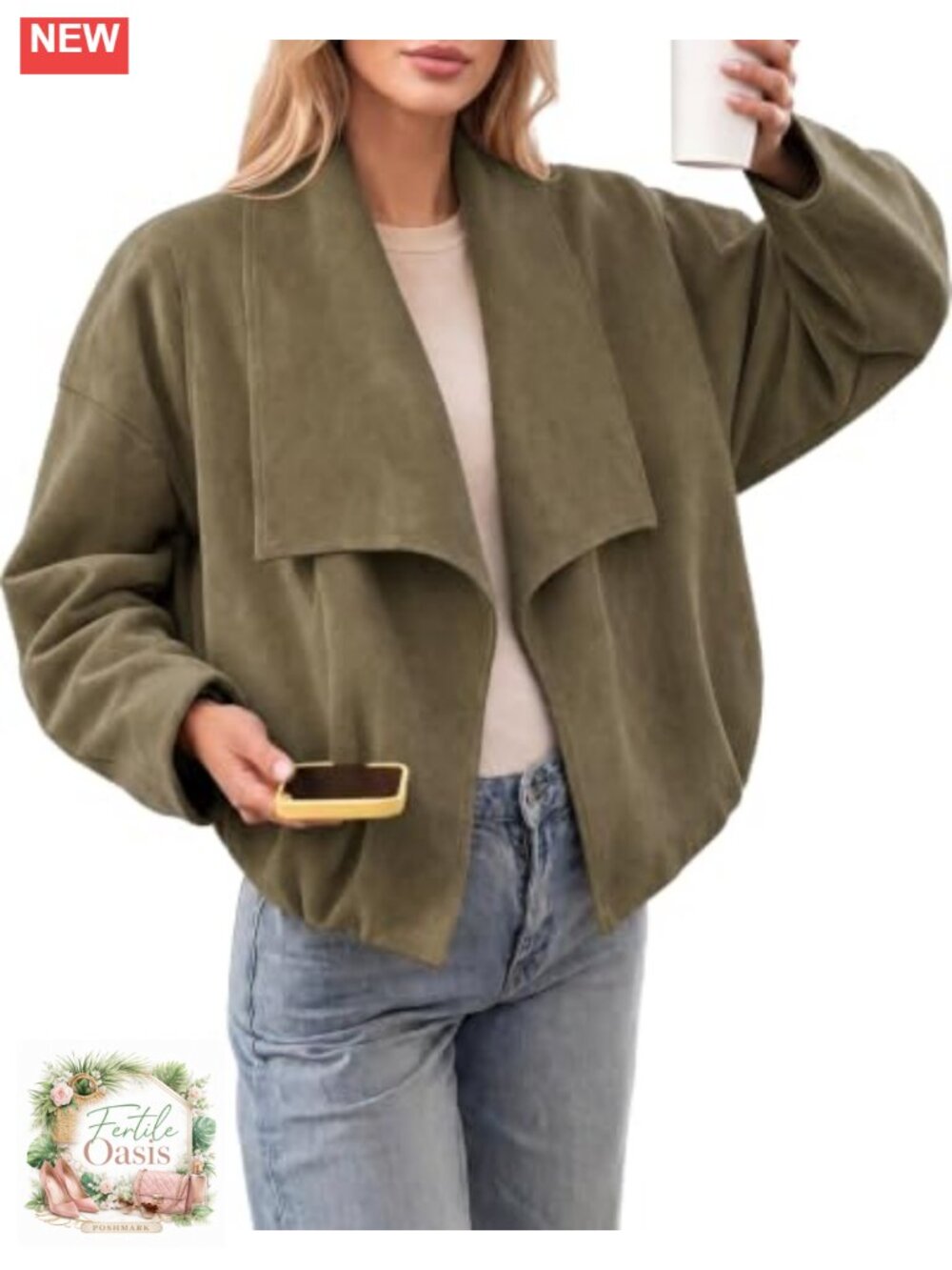 Women's Faux Suede Cropped Jacket Oversized Open Front Lapel Coat Long Sleeve